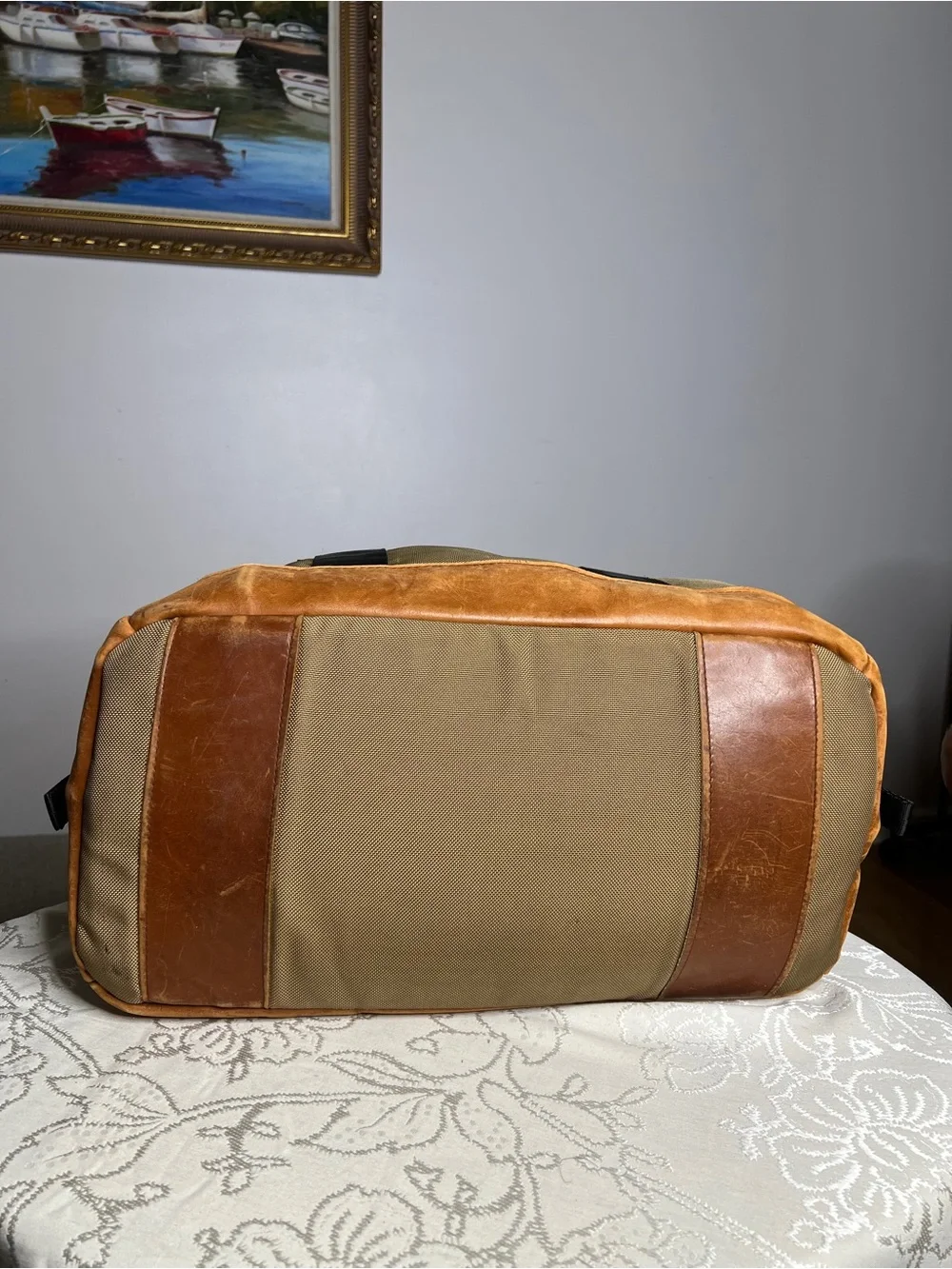 Vintage Athalon Khaki Canvas & Leather Trim Duffel Bag with Black Strap
